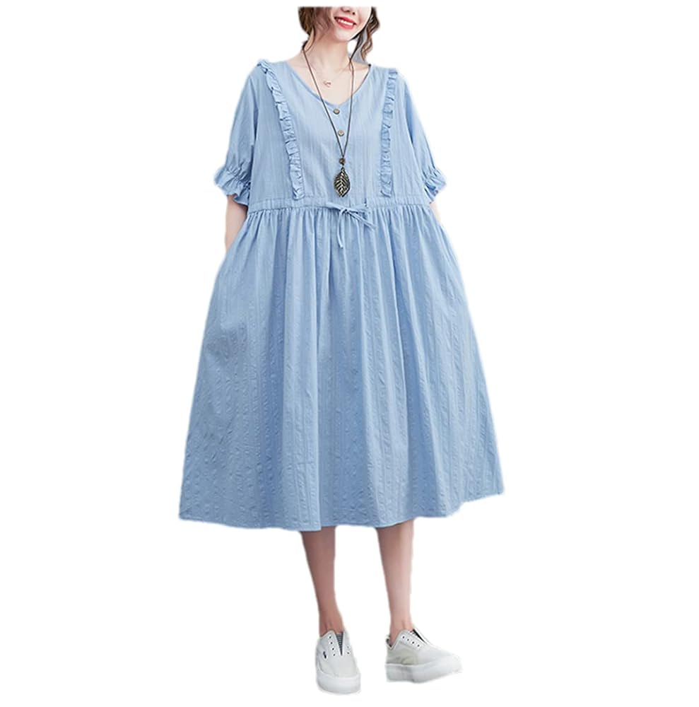 【Simple Retro】Sapphire Round Neck Waist Cotton Dress Sapphire Round Neck Waist Cotton Dress