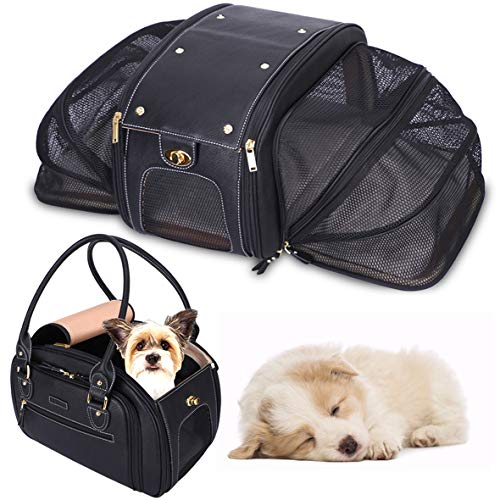 PetsHome Dog Carrier, Pet Carrier, Cat Carrier, Expandable Foldable Airline Approved Leather Pet Travel Portable Bag Carrier for Cat and Small Dog Home & Outdoor Medium Black