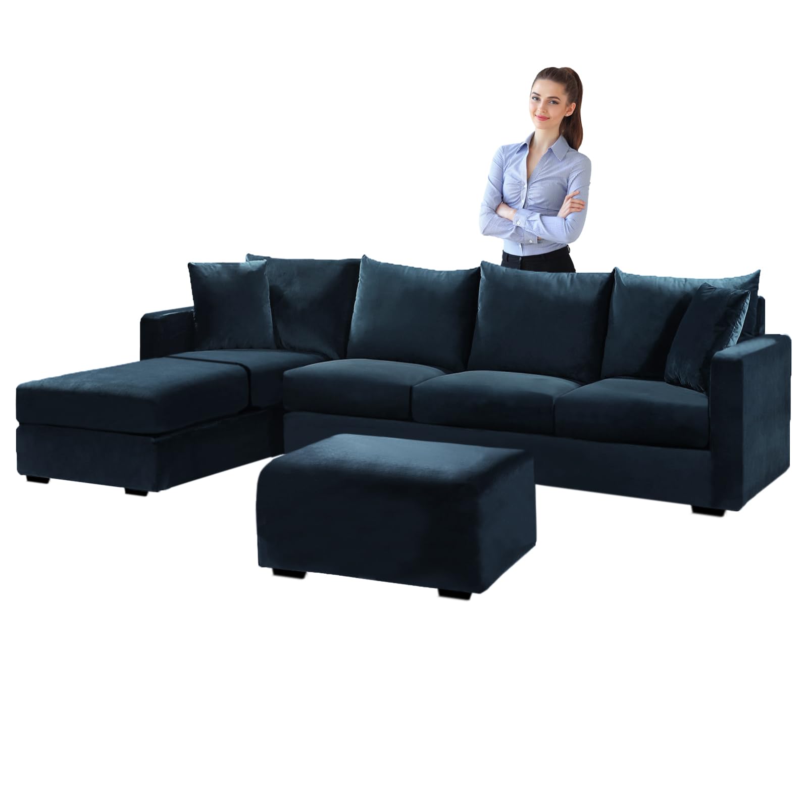 SYLC Velvet Sofa Covers L Shape, Stretch Corner Sofa Cover with Cushion Covers, Couch Cover Friheten Cover for U Sectional Sofa (Navy blue,Cushion Square-M)