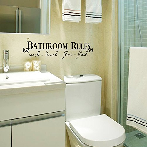 Lzymsz 6 X 23In Bathroom Decor Rules Wash Brush Floss Flush Stickers And 14 X 24In Kitchen Rules Letters Wall Art Decals, 2 Set Black Vinyl Diy Inspirational Saying Peel And Stick Wallpaper Quote #TOP5