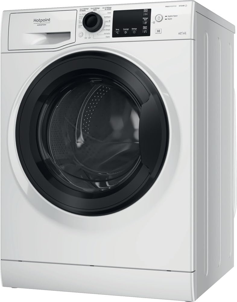 Hotpoint - NDB8635KFR Lave-linge Séchant Posable - Capacité 8 kg - Chargement Frontal, 1351 tr/min, Moteur Inverter, Vapeur Anti-odeur - H 85 x L 59.5 x P 54 cm - Classe Énergétique D - Blanc