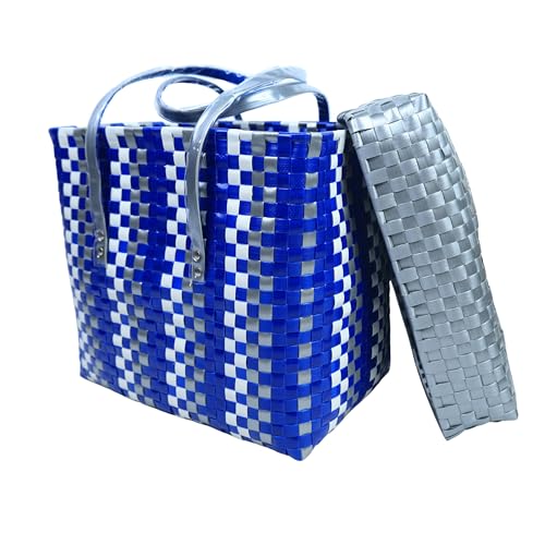 Image of Hand Made Multipurpose Plastic Basket with Lid | Eco-Friendly, Washable, Rust-Free Storage Basket for Kitchen, Picnic, Toys, Travel, Office | Lightweight basket (Blue with Grey, Small)