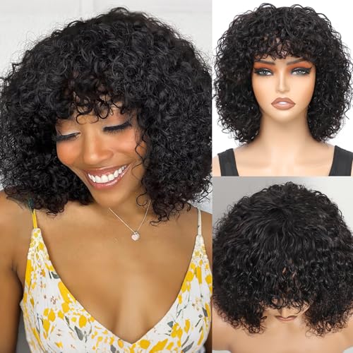 FREESHOW Short Curly Human Hair Wigs Curly Wig...
