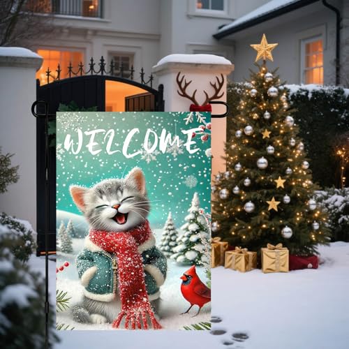 Image of BlissYard Cat Snowflake Winter Garden Flag 12x18 Inch Polyester