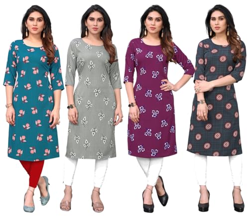 Image of JAKHANA Women's Crepe Printed Casual Straight Calf Length Round Nick Kurta Pack of 4