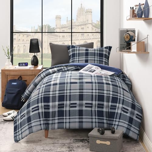 Image of MaiReve Navy Blue Twin XL Comforter Set, Twin XL Bedding Sets for Boys Girls 5 Pieces for Dorm Farmhouse All Season Lightweight &Comfy with Fitted Sheet, Flat Sheet (Navy Blue, Twin XL, 66 inchx90 inch)