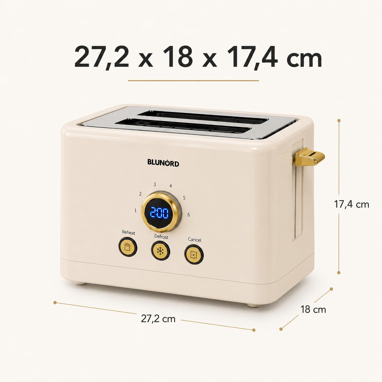 Tostapane 2 Fette Digitale Cream, 750-850W, Display LED, 6 Livelli di Doratura, Funzioni Scongelamento Riscaldamento e Cancel, Vassoio Raccoglibriciole Estraibile