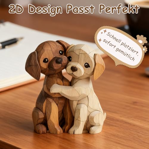 Komergave Hunde Holz Deko, 2D Flache Holzfiguren, Niedliches Hunde Holzfigur, Gemütliche Deko Figur Ornamente für Paare Kinder Frauen Männer für Büro Schreibtisch Bücherregal Badezimmer (cremefarben)
