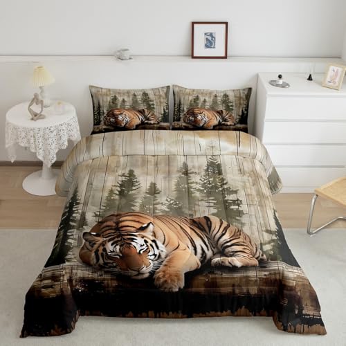 Feelyou Tiger Comforter Set Wildlife Hunting Bedding Set for Kids Boys Girls Rustic Farmhouse Comforter Retro Cabin Quilt Set Bedroom Collection 3Pcs Full Size