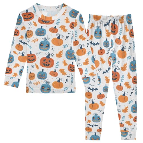 Fustylead Halloween Funny Pumpkin and Autumn Leaves Cotton Pajamas Long Sleeve Sleepwear Lounge Set
