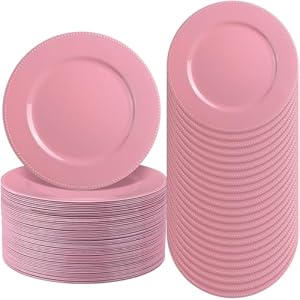 150 Pcs Painted Charger Plates with Beads, 13″ Light Luxury Round Vintage Charger Plates Table Decoration Charger Plates Reusable Dinner Charger Plates for Dining Table Wedding (Pink)
