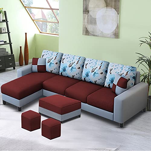 Image of Orland 8 Seater LHS L Shape Sofa with Center Table & 2 Puffy | Color - (Maroon Grey Fabric)