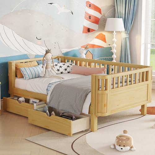 KEIKI Twin Size Wood Floor Bed, Montessori Platform Daybed Frame with Storage & Safety Rails, Space Saving U-Shaped Corner Day Beds Twin for Boys Girls, No Box Spring Needed, Easy Assembly, Brown — view 6
