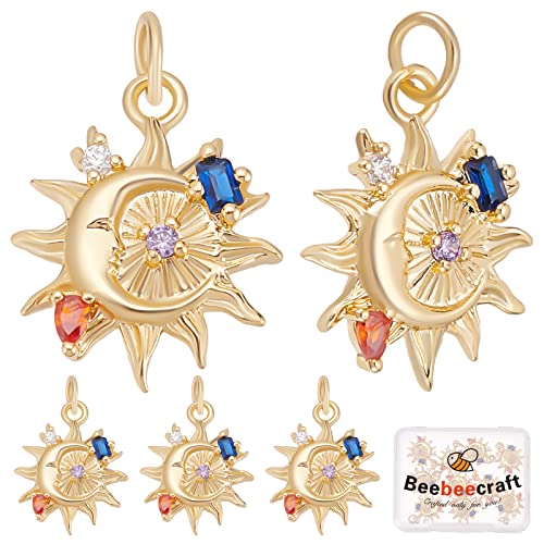 Beebeecraft 1 Box 10Pcs Moon Sun Charms 18K Gold Plated Brass Rhinestone Pendants Hanging Dangle End Charms with Loop for DIY Necklace Bracelet Jewellery Making Accessories