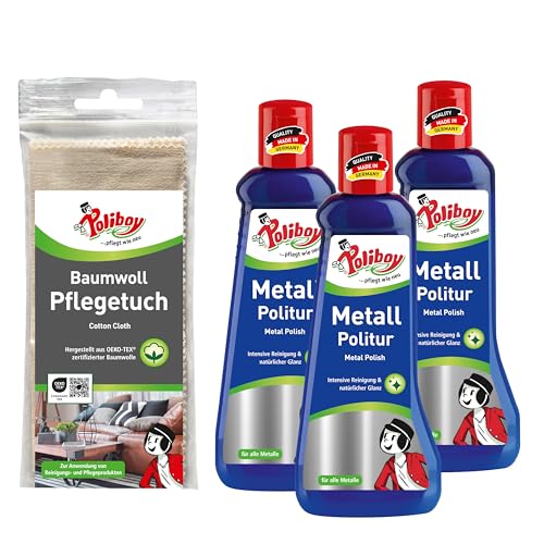 Poliboy - Abrillantador para metales brillantes, producto para el cuidado de metales con protección contra el deslustre, 3 x 200 ml, con paño de algodón, fabricado en Alemania
