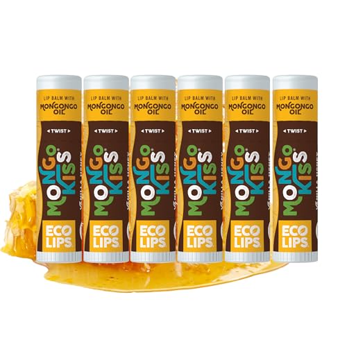 LIP BALM Mongo Kiss 6-Pack (6 tubes) Vanilla Honey by Eco Lips 100% Organic Beeswax & Cocoa Butter Lip Care with Organic Mongongo Oil - Soothe & Moisturize Dry and Cracked Lips - Made in USA