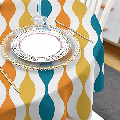 Yellow Teal Orange Striped Round Tablecloth 60 Inch - Waterproof Fabric Table Cloth Protector, Middle Century Abstract Art Aesthetics Tablecloths Washable Table Cover For Kitchen Banquet Party #TOP3