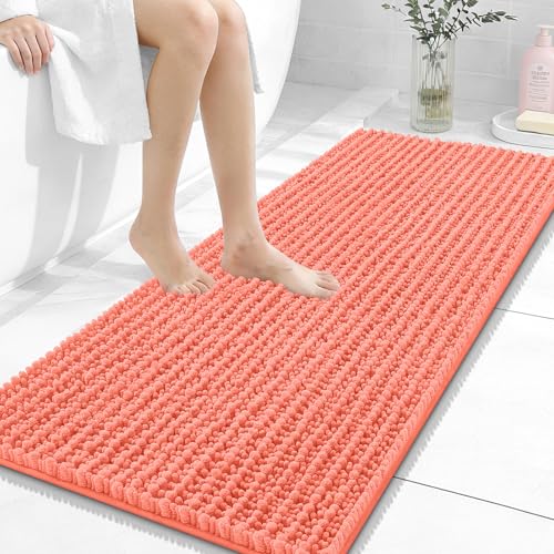 Image of OLANLY Long Bathroom Rugs Runner 47x20, Thick Soft and Absorbent Chenille Bath Mat, Non-Slip, Machine Washable Quick Dry Bath Rugs for Tub Shower Floor, Home Decor Accessories, Coral
