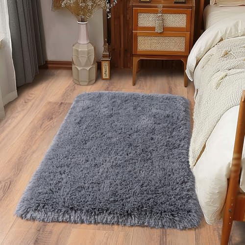 Ailyei Ultra Soft Runner Rugs for Bedroom Hallways with Upgraded Non-Slip Rubber Backing & Thick Memory Sponge, 2x3 Feet Fluffy Shag Throw Area Rug for Bedside Dorm Dark Grey
