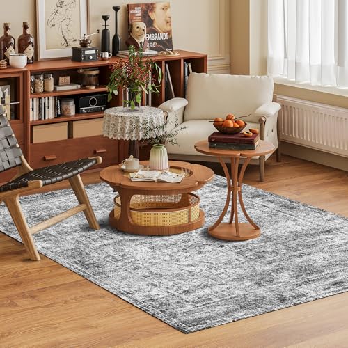 Washable Area Rug 3' x 5 ' Vintage Traditional Persian Mat - Foldable Distressed Non-Slip Machine Washable Carpet for Living Room Bedroom Kitchen Home Decor - Graphite and Mist — view 2