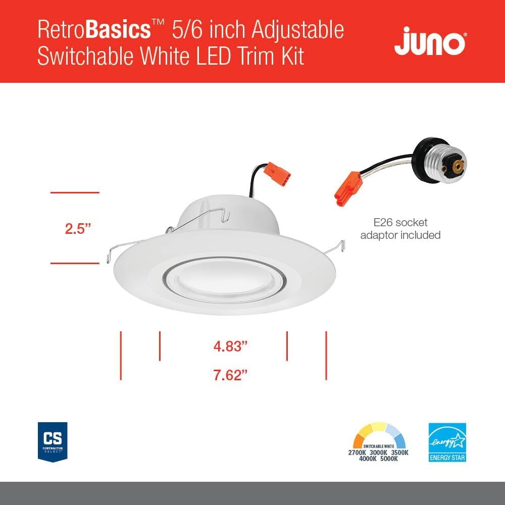 Juno 5"/6" Inch Adjustable LED Recessed Lighting, RetroBasics Series Adjustable Gimbal LED Downlight Trim Kit, 5"/6" Ceiling Light with 5-in-1 Switchable White Color, 700 Lumens, Matte White