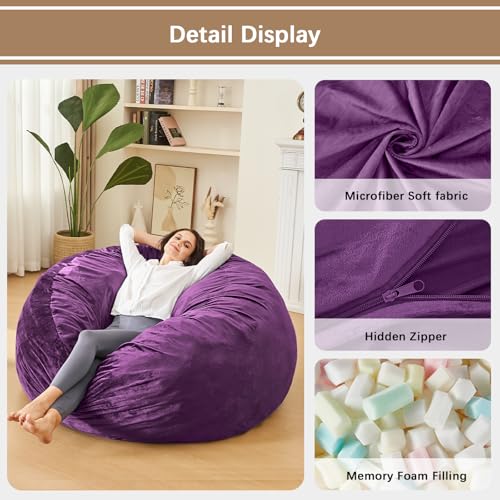 Image of Bean Bag Chairs for Adults - Memory Foam Furniture BeanBag Chair - Kids /Teens Sofa with Soft Micro Fiber Cover - Round Fluffy Couch for Living Room Bedroom College Dorm - 4 ft, Purple