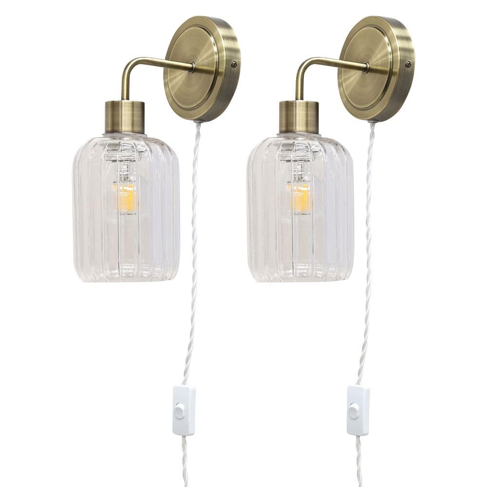 Firstchoicelighting Antique Brass & Clear Set Of 2 Antique Brass Plug In Wall Lights Or Bedside Reading Lamps With Clear Ribbed Lozenge Glass Shades