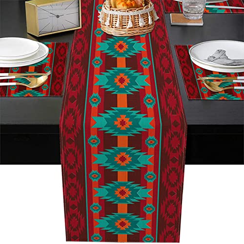 Emvency Western Geometric Table Runner And Placemats Set Of 6, South Ethnic Tribal Aztec Pattern Red Turquoise Orange Dining Table Decor For Daily Use(1 Table Runner 72 Inches Long And 6 Placemats) #TOP4