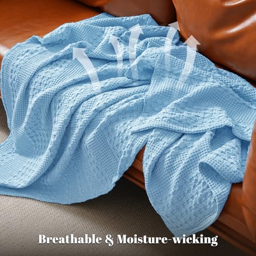 Image of PHF 100% Cotton Waffle Weave Blanket King Size for Bed, Soft Lightweight & Breathable for Spring and Summer, All-Season Comfort, Luxury Aesthetic Blanket for Home Decor, 108 inchx90 inch, Airy Blue