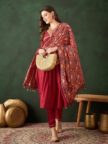 Image of SheWill Women's Mustard American Crepe Zari Sequence Embroidered Alia Cut Kurta with Pant and Dupatta