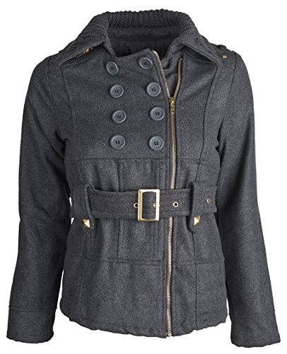 Shampoo Little Girls Military Wool Dressy Trench Pea Coat with Knitted Collar - Charcoal Heather (Size 5/6)