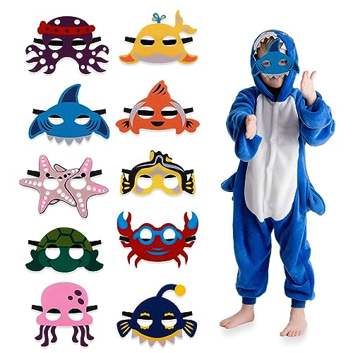 TIESOME Máscaras de feltro de animais marinhos, pacote de 10 máscaras de animais oceânicos para crianças, decorações de festa temática do oceano, máscaras de feltro com cordão elástico, lembranças