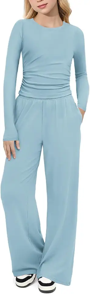 Arshiner Girls 2 Piece Set Fall Outfits Lounge Sets Ruched Long Sleeve Top Wide Leg Pants Sweatsuit Clothing Set