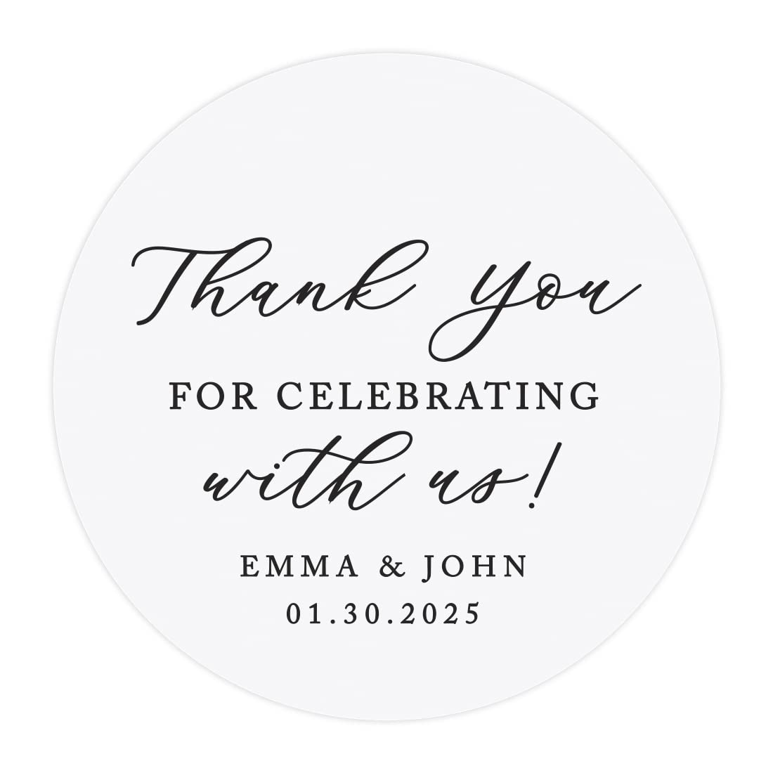 Andaz Press 2" Round Clear Personalized Wedding Sticker Labels Custom Thank You for Celebrating with Us Vinyl Envelope Tab Sealer Self-Adhesive Labels