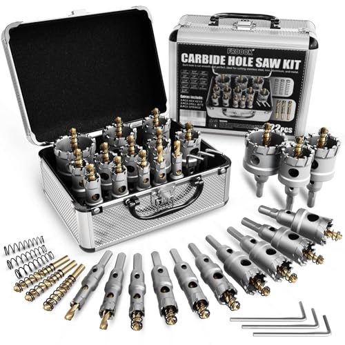 FROOOK 22PCS Carbide Hole Saw Kit for Metal - Heavy Duty TCT Hole Cutter Drill Bits Set with Titanium Pilot & 3 L-Wrench for Stainless Steel Iron Aluminum Metal