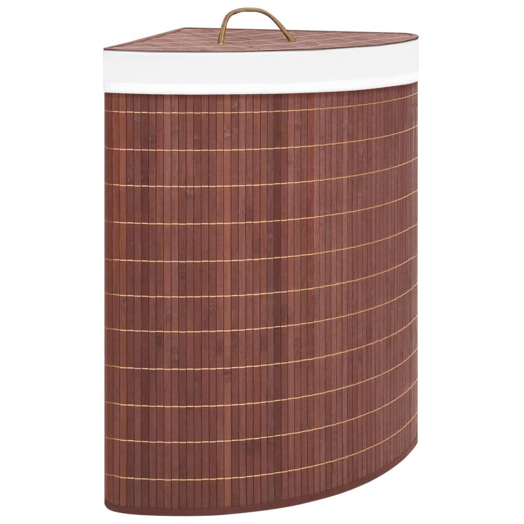 Cesto para la colada de esquina de bambú marrón, 60 L, con bolsa interior extraíble, plegable, para baño, dormitorio, lavandería, asa en la tapa, almacenamiento para ropa y juguetes