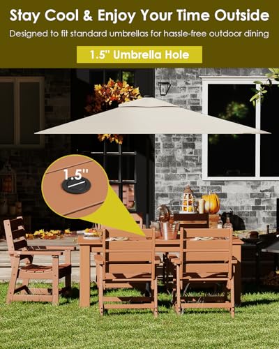 Image of GREENVINES 7-Piece Outdoor Dining Set | HDPE | Patio Table and Chairs Sets for 6 | Patio Furniture | All Weather | Umbrella Hole | Teak | for Backyard Poolside Garden