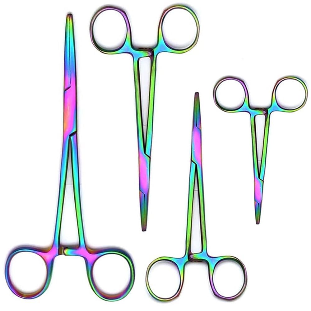MuskalMed Durable 4-Piece Multi Rainbow Color Straight Hemostat Set - High Quality Stainless Steel, Autoclavable, Precision Tips, Serrated Jaws, Three Locking Positions (3.5”, 5”, 6.25”, 8
