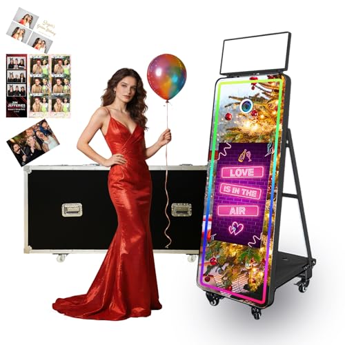 JIAQINMOTD 60'' Magic Mirror Photo Booth with 32'' Interactive Touch Screen, Built-in Mini PC, RGB Square Light, Flight Case for Event Rental Wedding Party (Black, Photo Booth Machine)