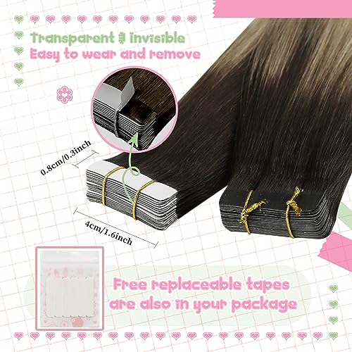 YoungSee Balayage Tape in Hair Extensions Real Human Hair 22 Inch Ombre Tape in Extensions Human Hair for Long Hair Dark Brown Ombre Brown with Blonde 20pcs 50g - Image 3