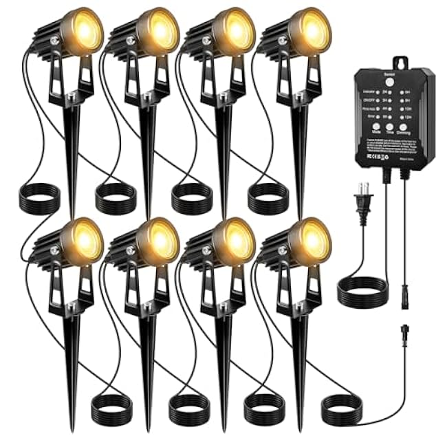 Low Voltage Landscape Lighting Kit, Low Voltage Landscape Lights with Transformer 12V-24V, 8-Pack LED Spotlights with 52FT Wire, IP65 Waterproof, Warm White Outdoor Lights for Yard Garden Pathway