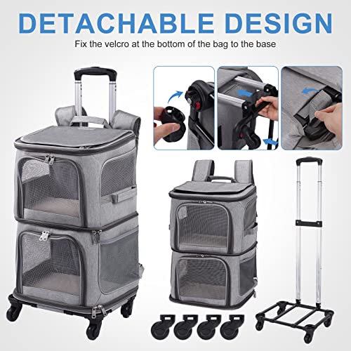 FASRIOU Katzentransportbox für 2 Katzen mit Rollen, Katzen transportboxen für 2 Katzen bis 12kg, Faltbarer Katzentransporttasche für 2 Katzen/kleine Hunde/Kaninchen, Grau