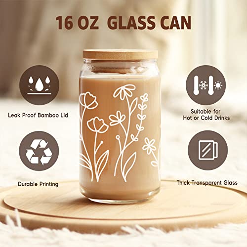 Coolife Floral Iced Coffee Cup - 16Oz Can Shaped Drinking Glass Cup W/Bamboo Lid Straw - Aesthetic Cups, Glass Coffee Tumbler, Flower Glass Cups For Beer Smoothie - Birthday Aesthetic Gifts For Women #TOP3