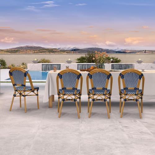 Image of PURPLE LEAF Outdoor Dining Chair Set of 4 Patio French Aluminium Frame in Bamboo Finish with Navy Blue & White Woven Rattan for Kitchen Deck Bistros Cafe Restaurant