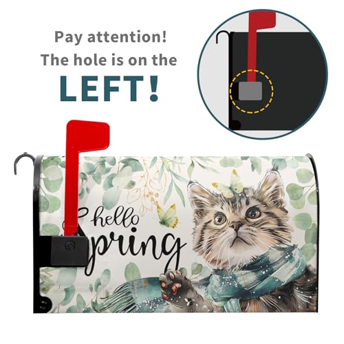 Image of Hello Spring Cat Magnetic Mailbox Cover 25.5 inchx21 inch Watercolor Sage Green Eucalyptus Leaf Kitten Butterfly Mailbox Wrap Post Cover Large Size for Garden Yard Outdoor Outside Decor