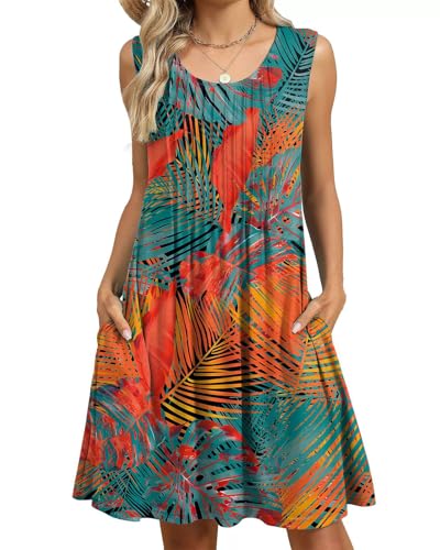 PICKLION Damen Sommerkleid Boho Damen Floral Ärmellos Strandkleider Midi Kleider mit Taschen S-2XL FloralOrange 2XL