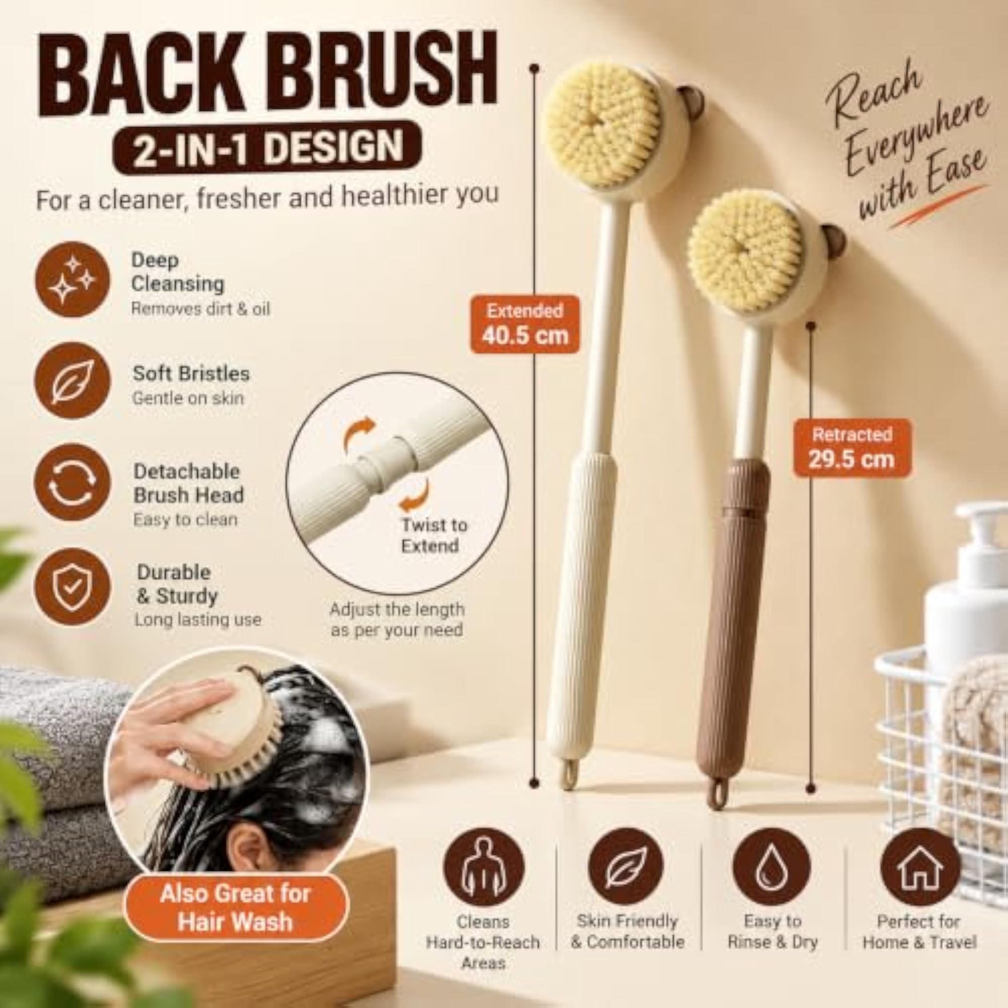 2-in-1 Long Handle Bath & Body Brush with Detachable Massage Head