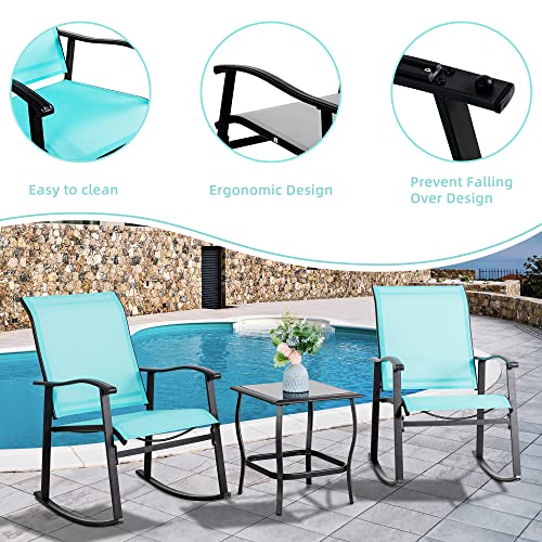 Vongrasig 3 Piece Outdoor Rocking Bistro Set, Textilene Fabric Small Patio Furniture Set, Front Porch Rocker Chairs Conversation Set With Glass Table For Lawn, Garden, Balcony, Poolside (Blue) #TOP2