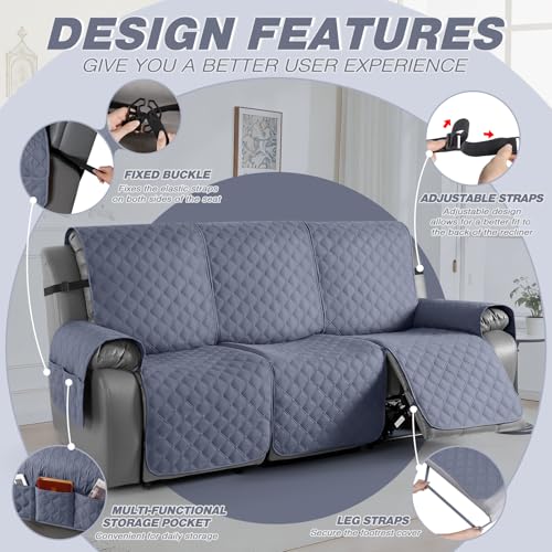 Image of TAOCOCO 100% Waterproof Recliner Covers, Recliner Sofa Covers with Leg Straps, Reversible Recliner Couch Cover for Reclining Chair, Washable Couch Protector for Pets Kids(3 Seater, Bluish Gray)