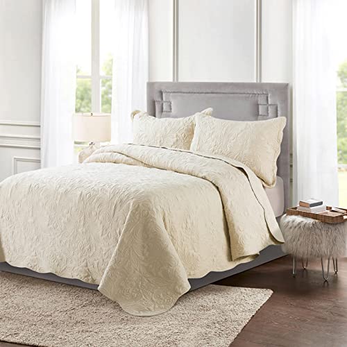 Honeilife Quilt Set King Size - 3 Piece Embroidered Microfiber Bedspread Reversible Coverlet Lightweight Bedcover Paisley Pattern Bedding Set All Season Quilts-Beige #TOP2